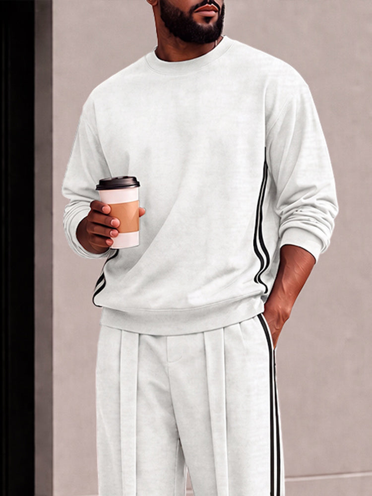 Athleisure Contrast Stripe Sweatshirt Pants Set - White