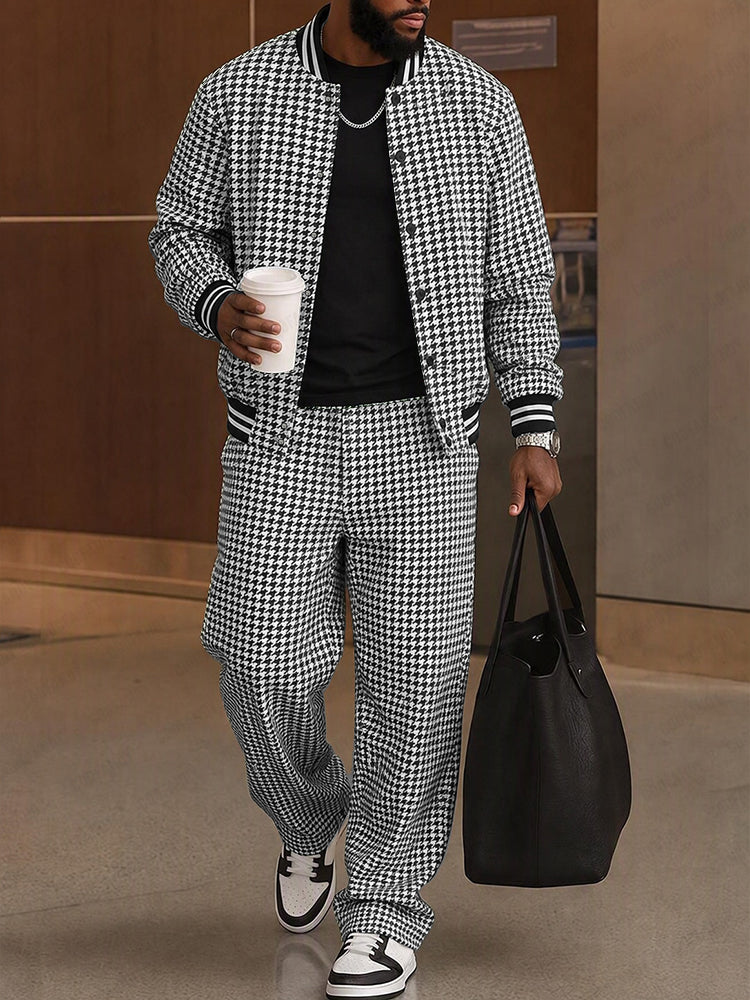 Casual Houndstooth Color Block Webbing Matching Set - Black