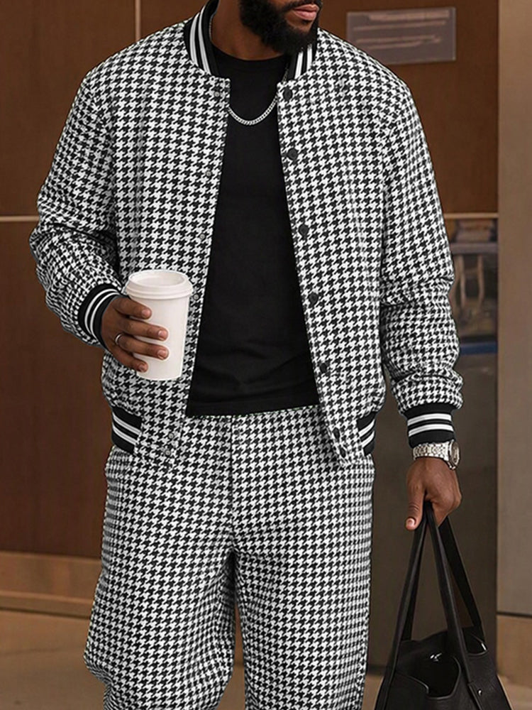 Casual Houndstooth Color Block Webbing Matching Set - Black