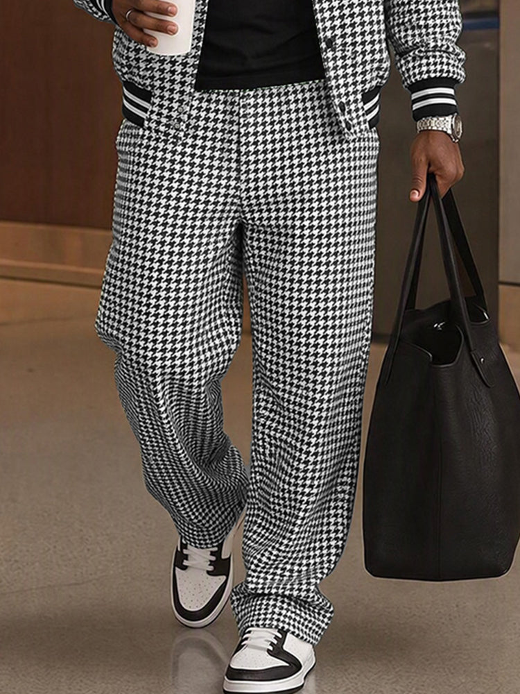 Casual Houndstooth Color Block Webbing Matching Set - Black