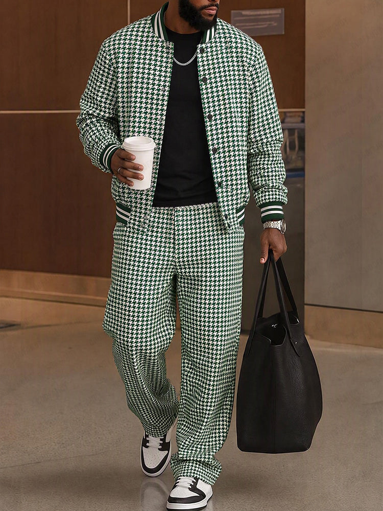 Casual Houndstooth Color Block Webbing Matching Set - Green