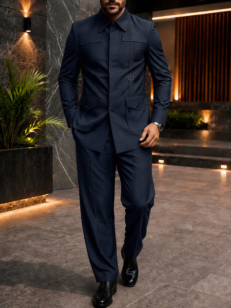 Luxury Safari Style 2-Piece Suit Set - Navy Blue