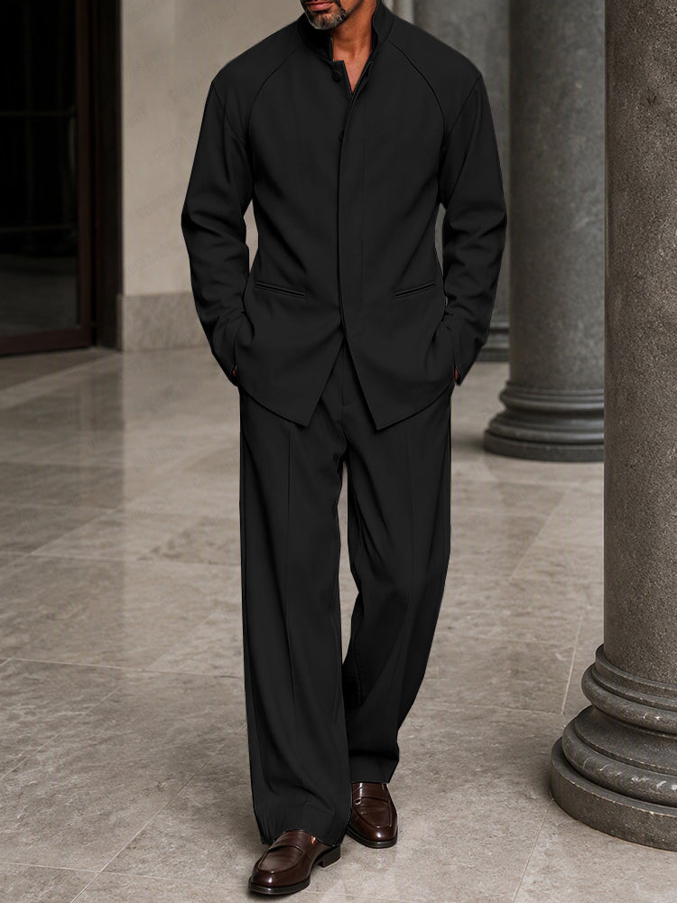Smart Casual Hidden Placket Jacket Pants Set - Black