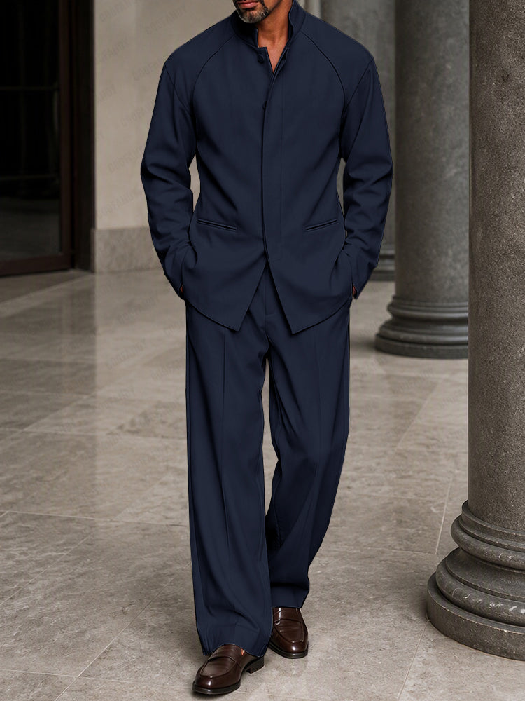 Smart Casual Hidden Placket Jacket Pants Set - Navy Blue
