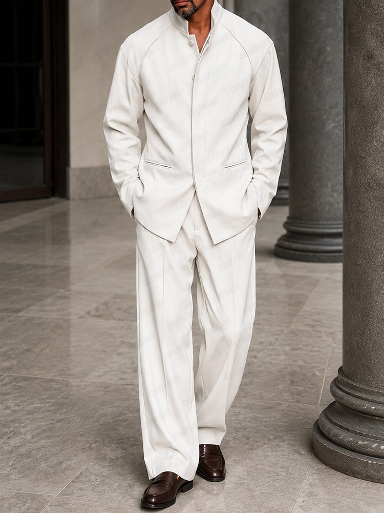 Smart Casual Hidden Placket Jacket Pants Set - White