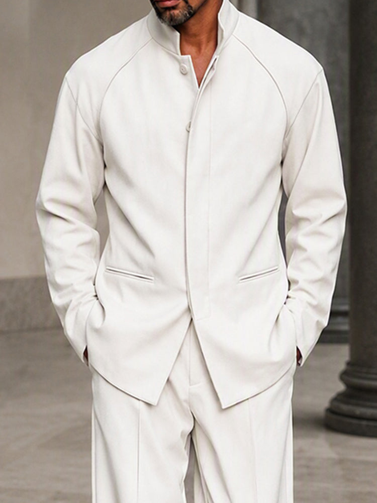 Smart Casual Hidden Placket Jacket Pants Set - White
