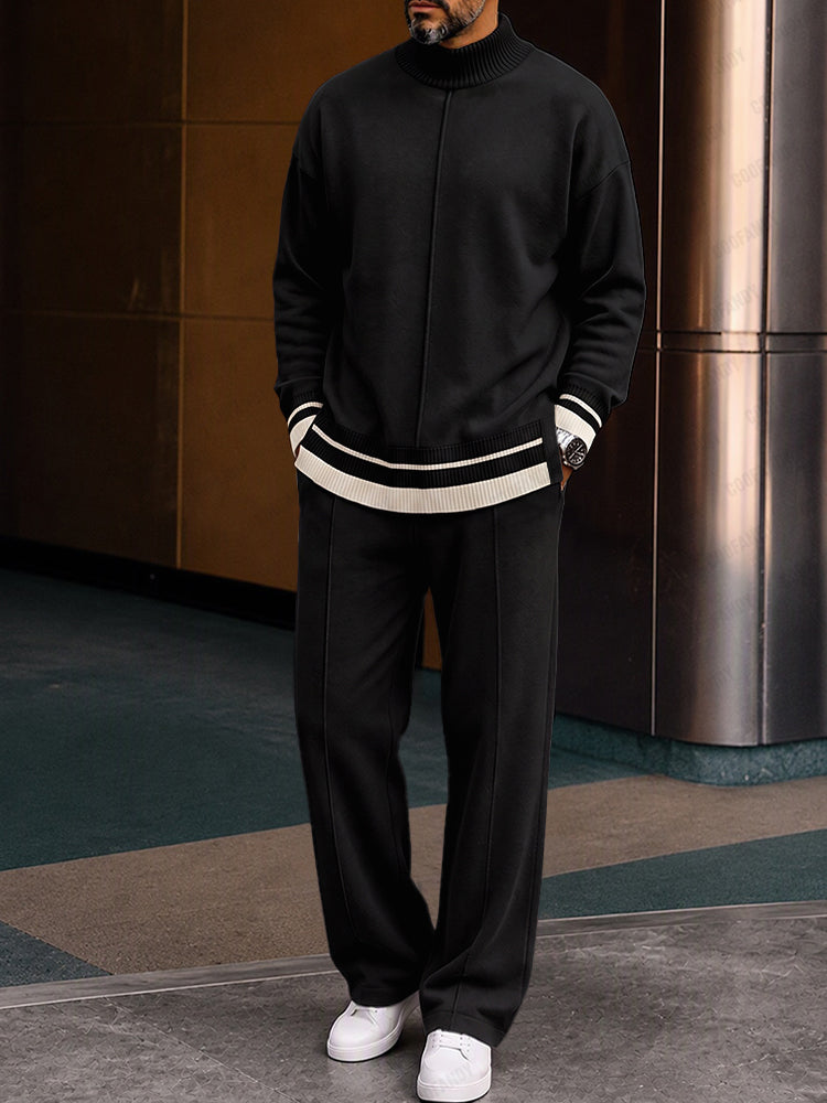 Premium Comfort Ribbed Turtleneck Top Pants Set - Black