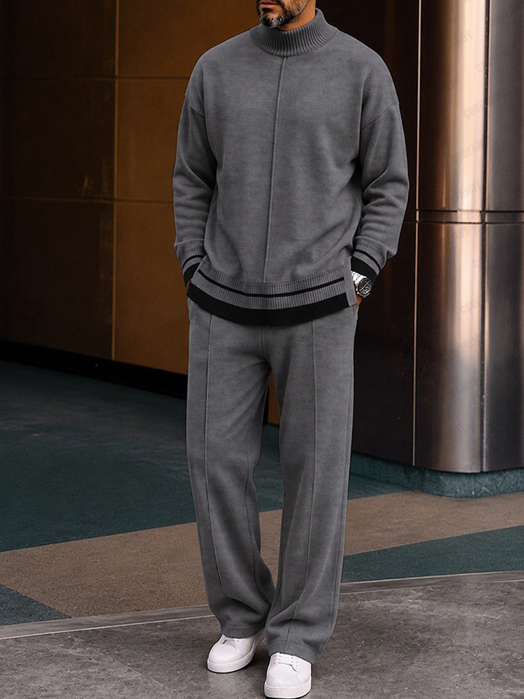 Premium Comfort Ribbed Turtleneck Top Pants Set - Gray