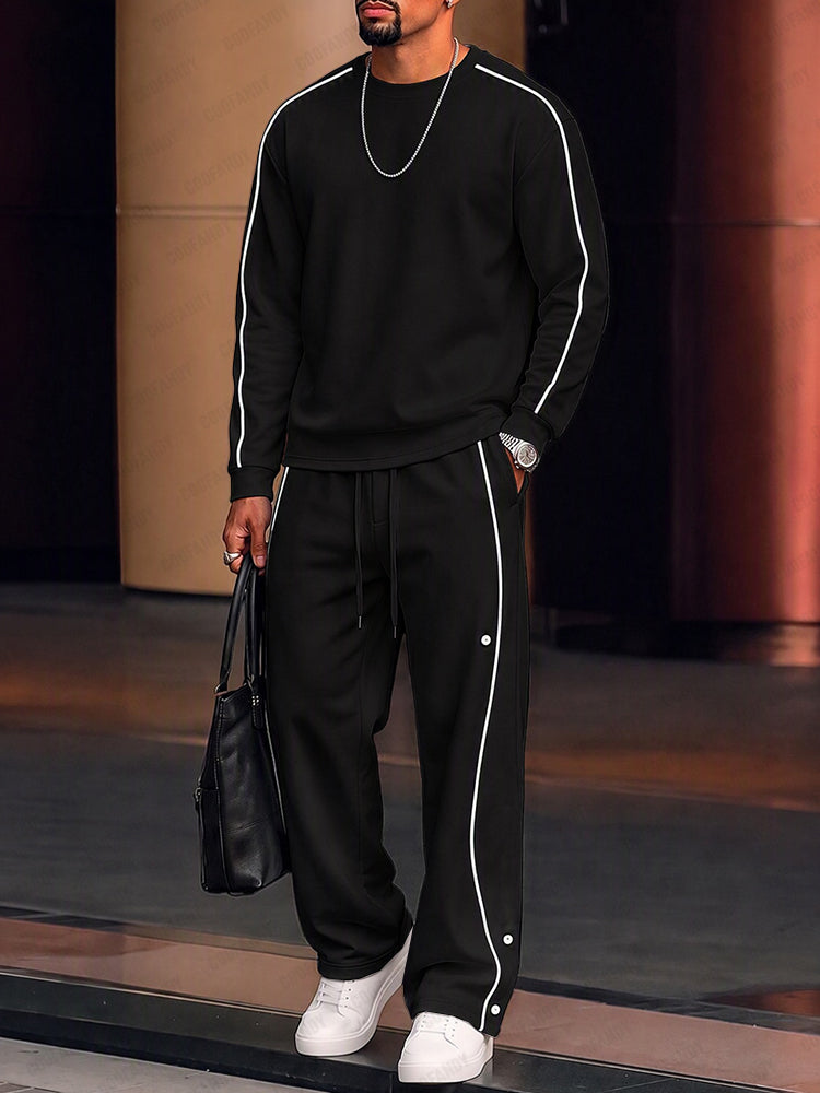 Casual Contrast Piping Pinstripe Matching Set - Solid Black