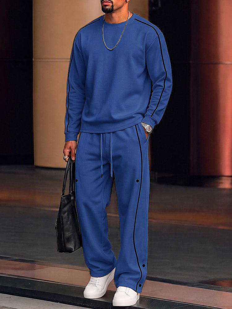 Casual Contrast Piping Sweatshirt Pants Set - Blue