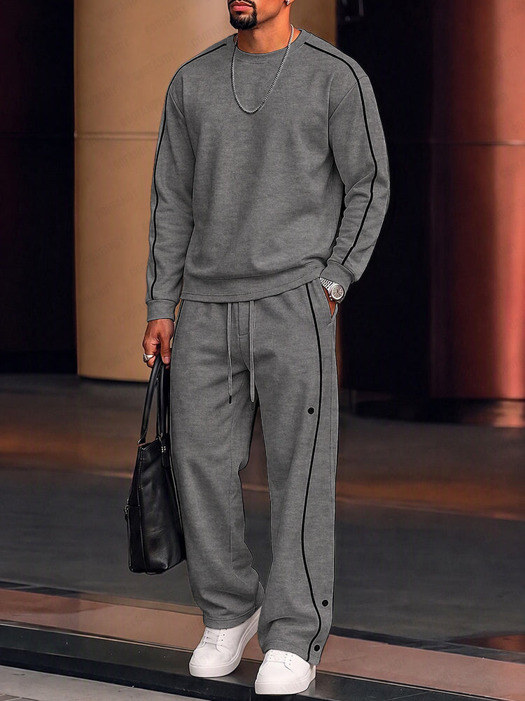 Casual Contrast Piping Pinstripe Matching Set - Solid Gray