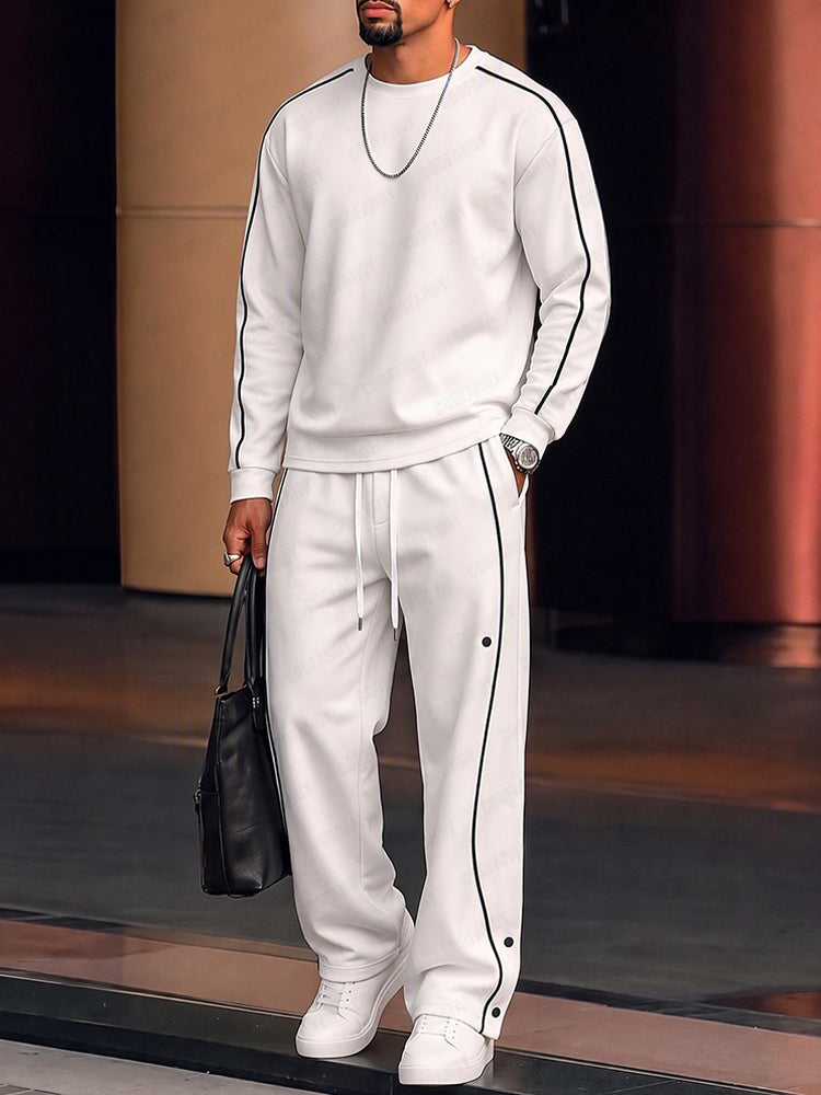 Casual Contrast Piping Sweatshirt Pants Set - White