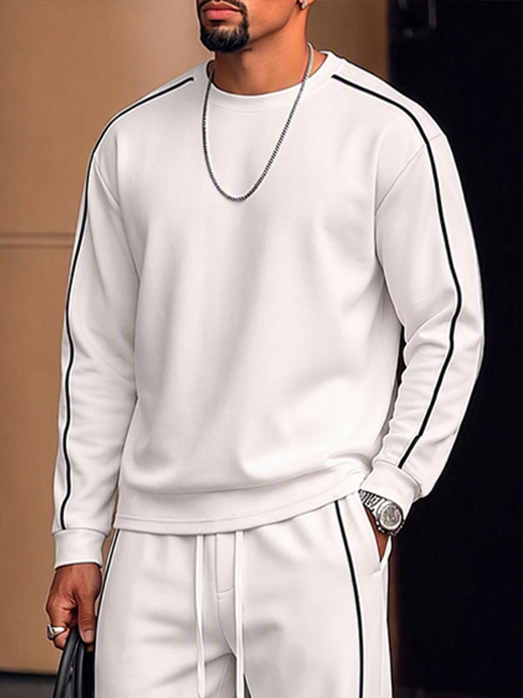 Casual Contrast Piping Sweatshirt Pants Set - White