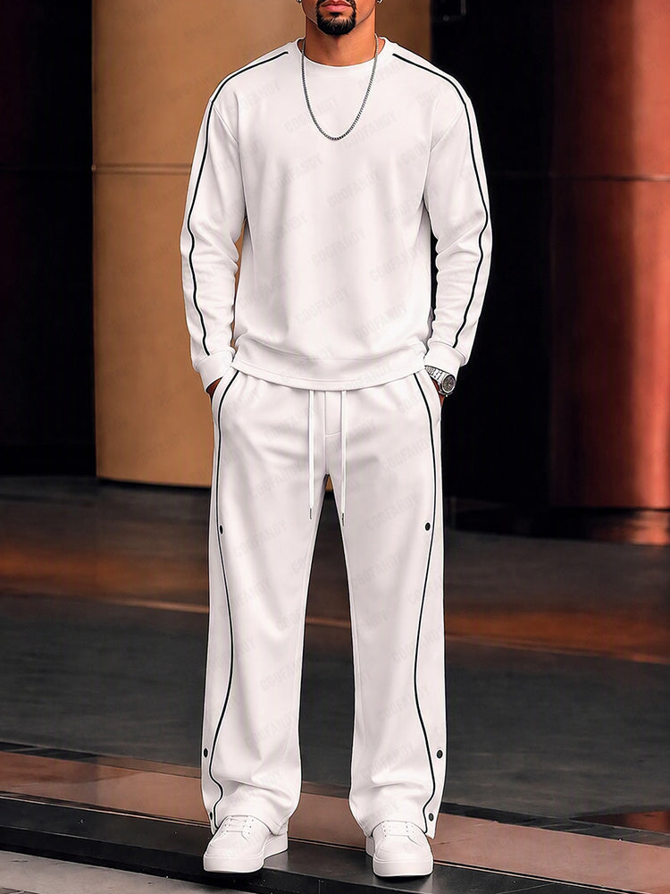 Casual Contrast Piping Sweatshirt Pants Set - White