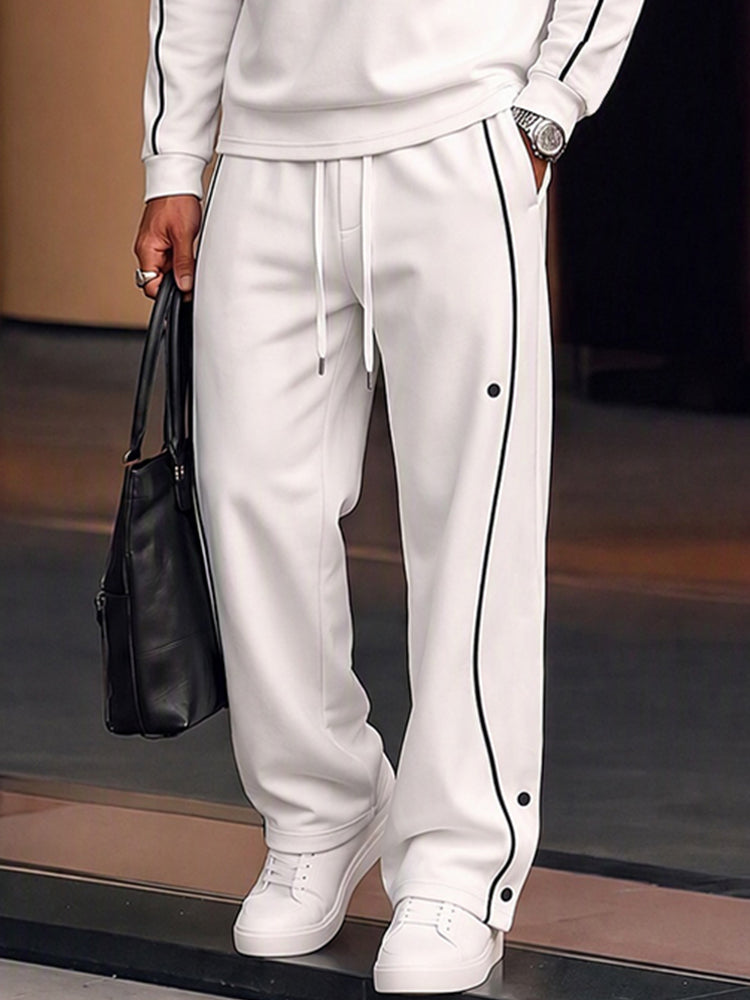 Casual Contrast Piping Sweatshirt Pants Set - White