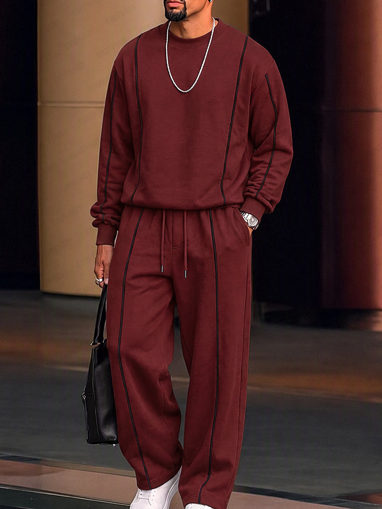 Athleisure Contrast Line Sweatshirt Pants Set - Wine Red