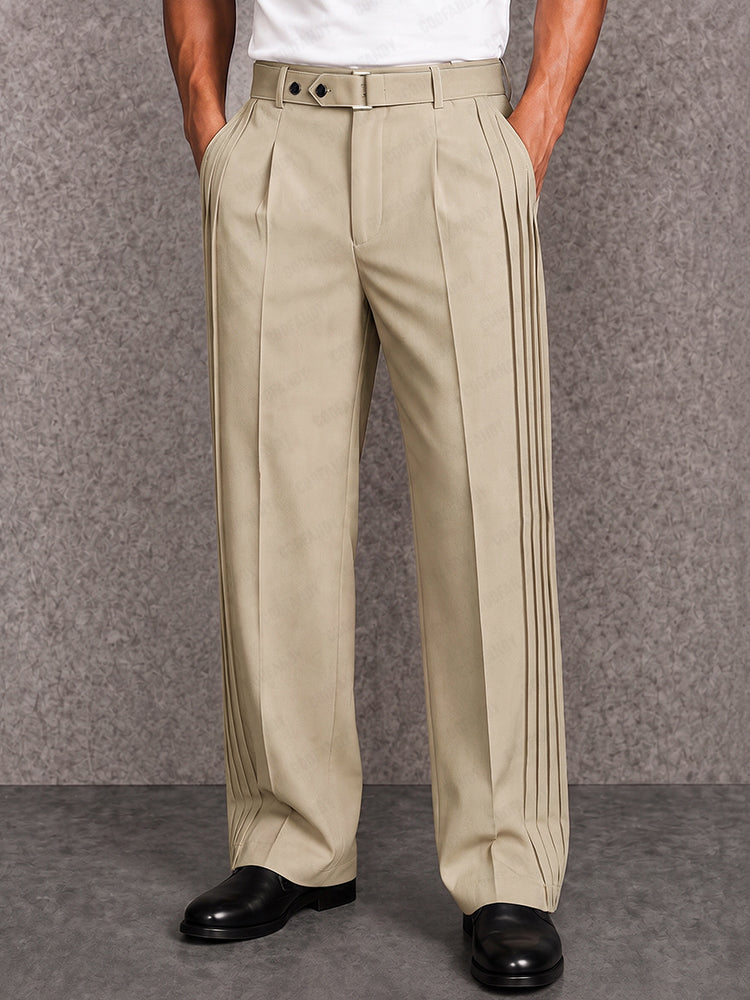 Smart Casual Pleated Wide Leg Pants - Khaki