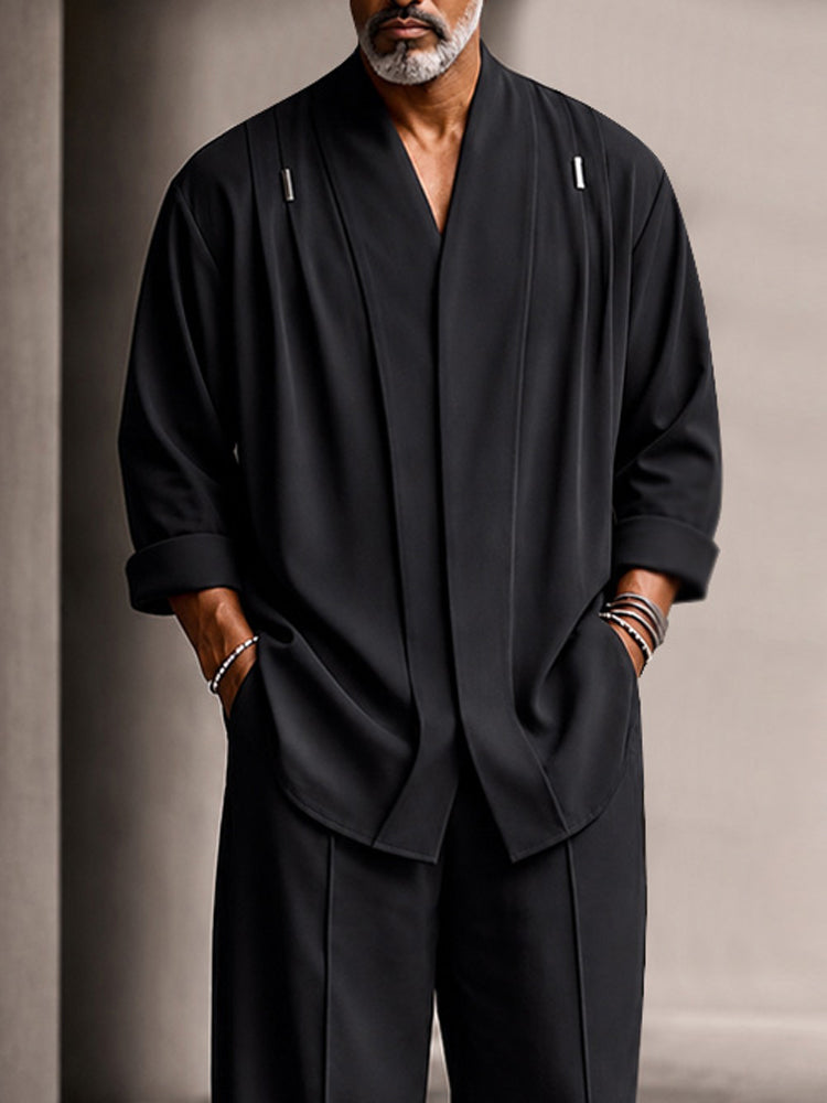 Casual Relaxed Fit Shoulder Pleats Shirt Set - Black