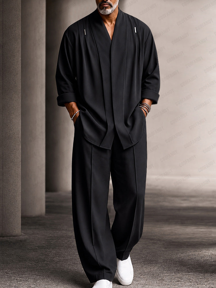 Casual Relaxed Fit Shoulder Pleats Shirt Set - Black