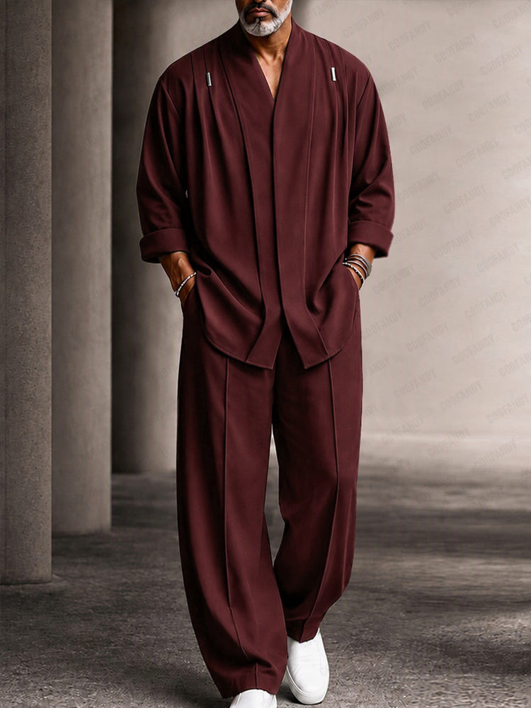 Casual Relaxed Fit Shoulder Pleats Shirt Set - Wine Red