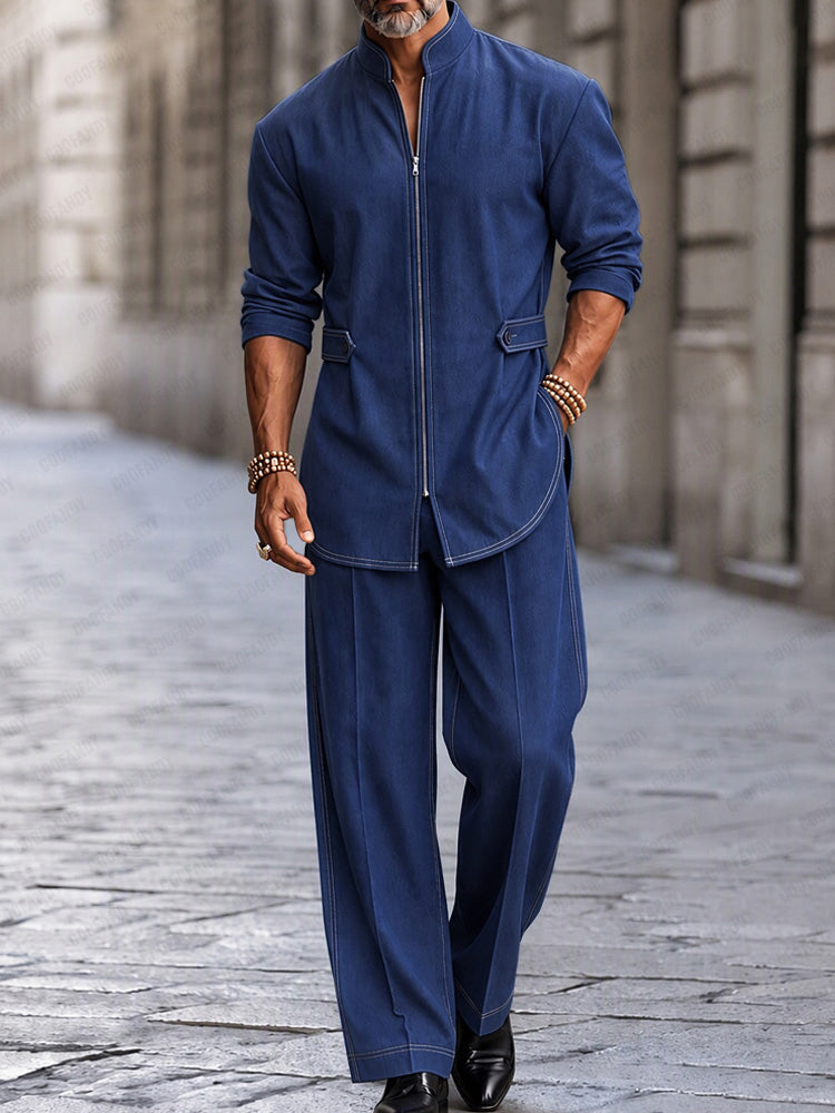 Modern Streetwear Zip-Up Jacket Pants Set - Blue