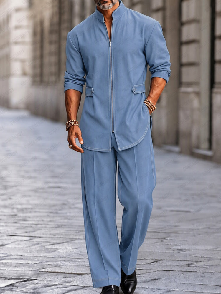 Modern Streetwear Zip-Up Jacket Pants Set - Light Blue