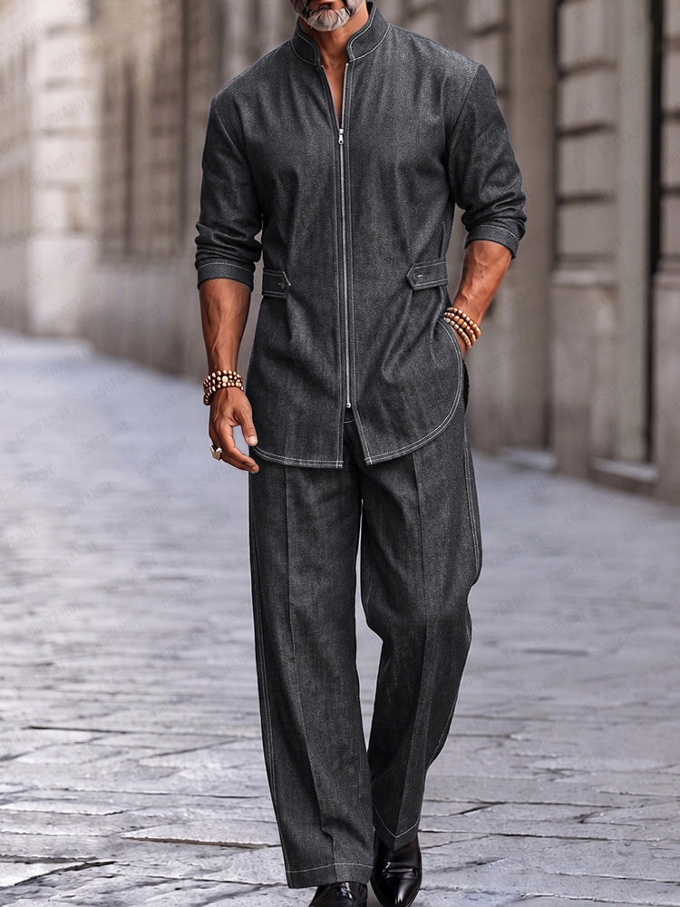 Modern Streetwear Zip-Up Jacket Pants Set - Washed Black