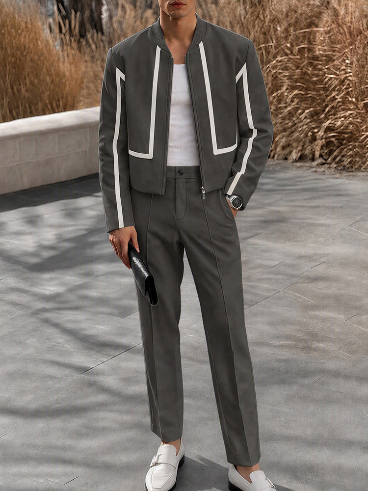 Urban Moto-Style Colorblock Jacket Pants Set - Dark Gray