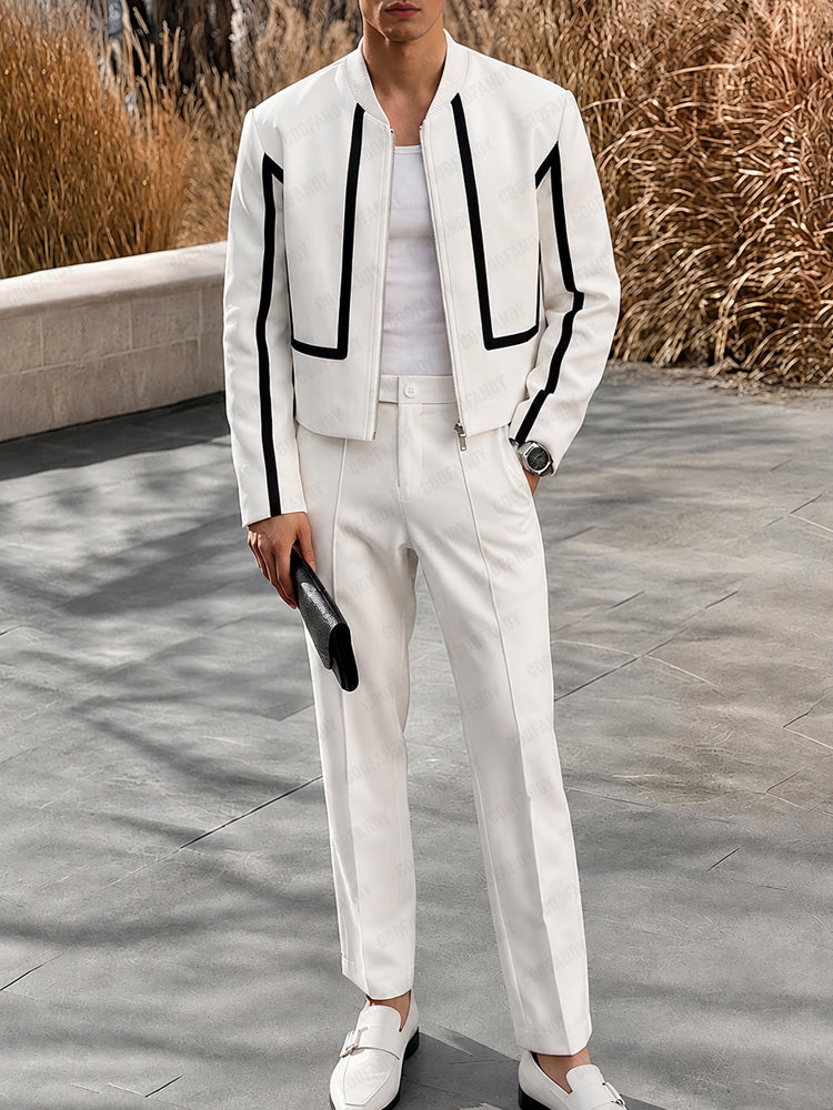 Urban Moto-Style Colorblock Jacket Pants Set - White