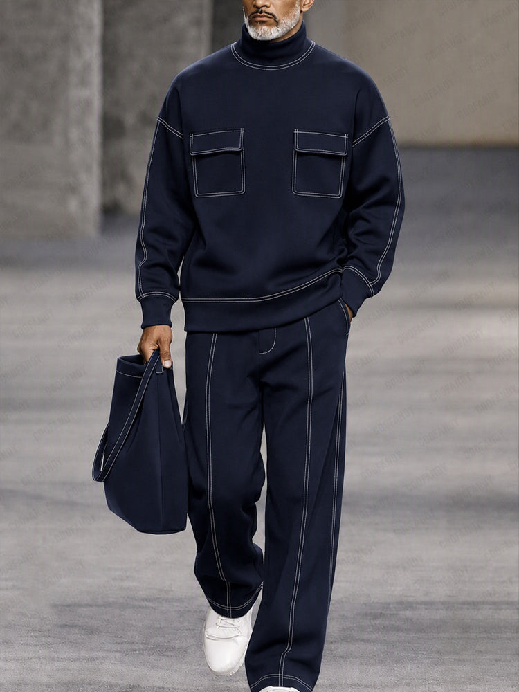 Casual Contrast Piping Turtleneck Sweatshirt Set - Navy Blue