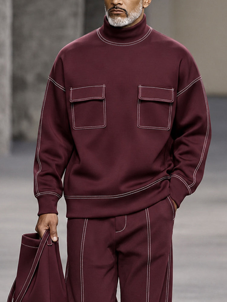 Casual Contrast Piping Turtleneck Sweatshirt Set - Wine Red