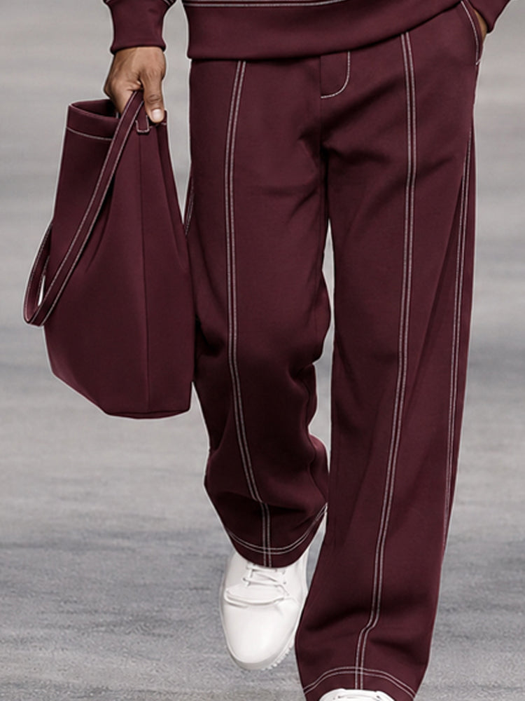 Casual Contrast Piping Turtleneck Sweatshirt Set - Wine Red
