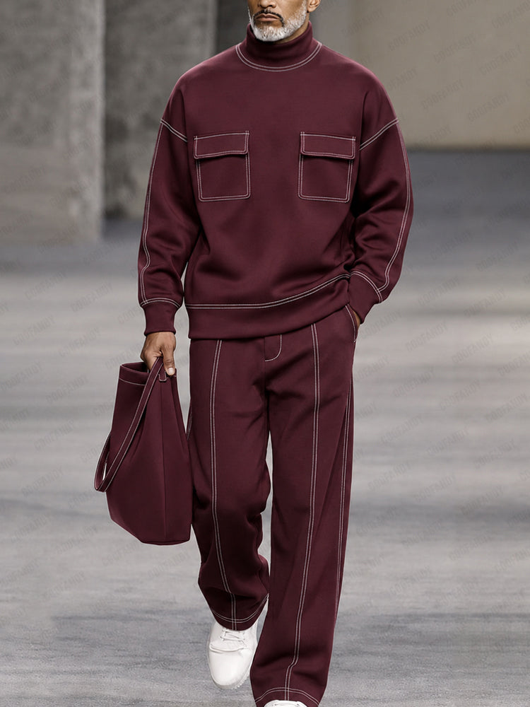 Casual Contrast Piping Turtleneck Sweatshirt Set - Wine Red