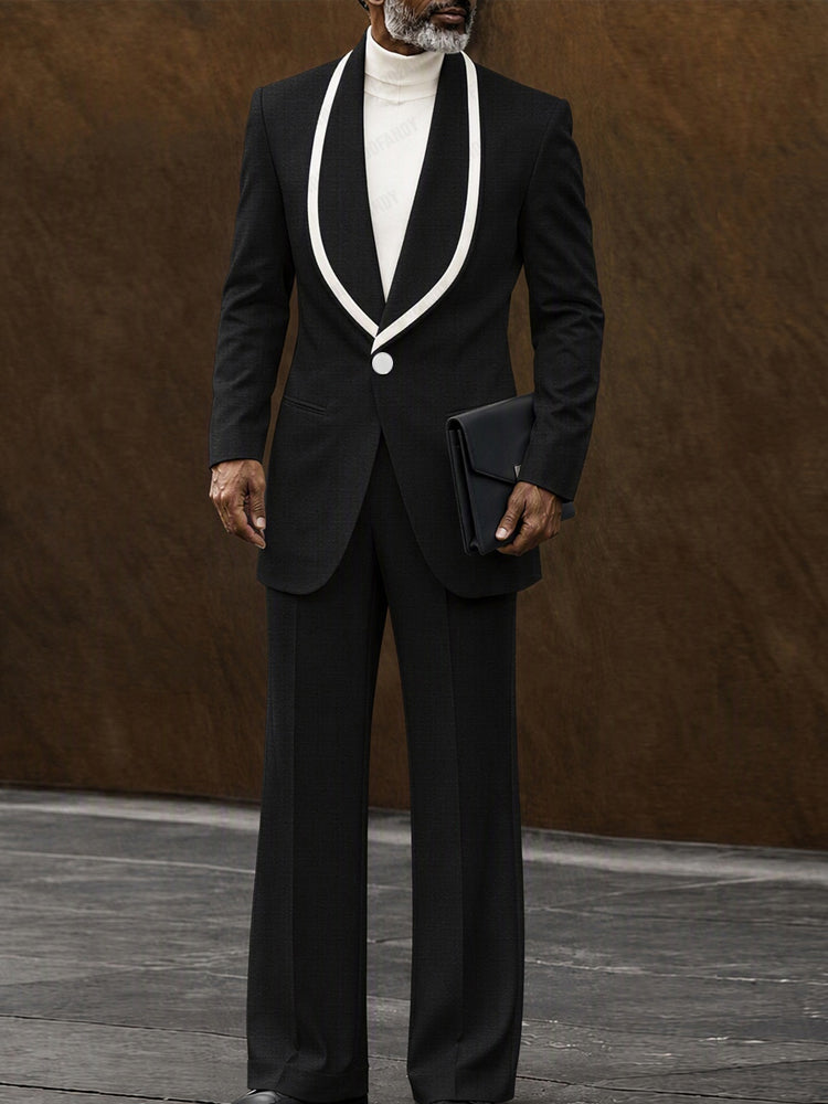 Elegant Contrast Shawl Collar Blazer Set - Black