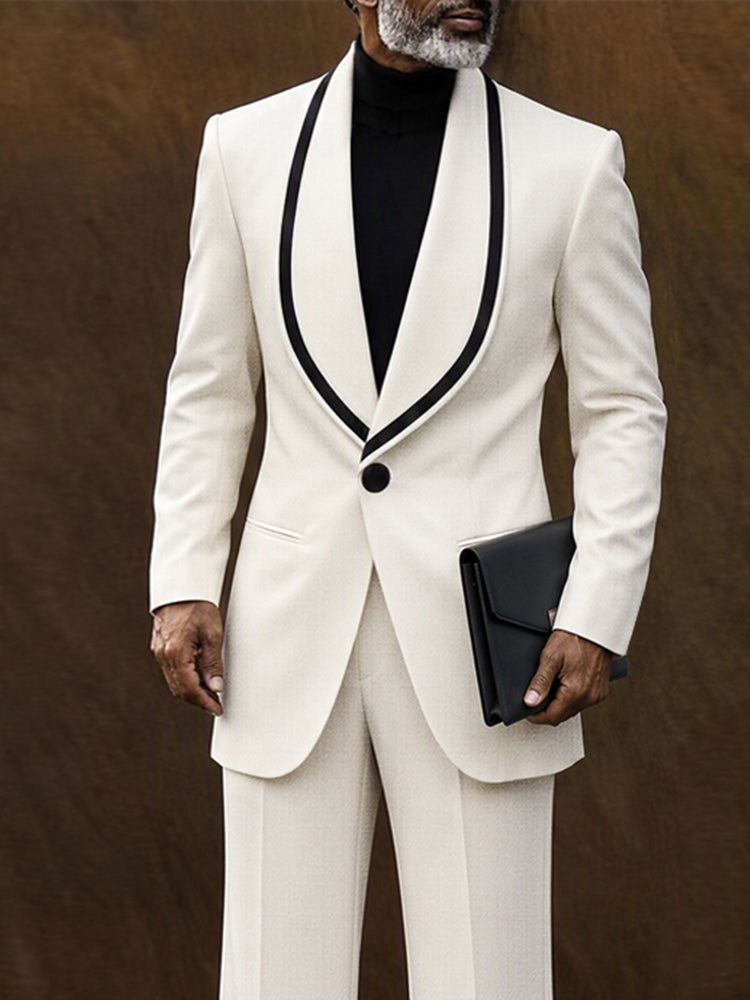 Elegant Contrast Shawl Collar Blazer Set - White