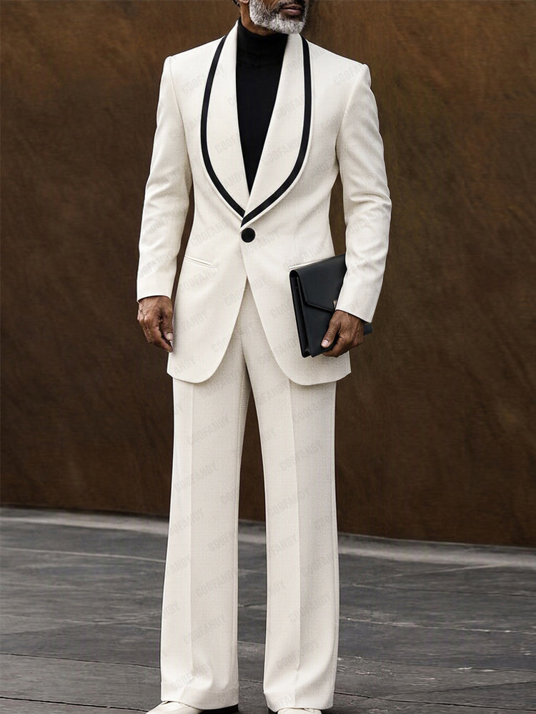 Elegant Contrast Shawl Collar Blazer Set - White
