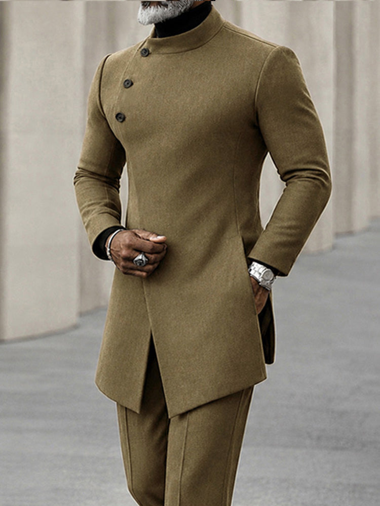Minimalist Style Diagonal Placket Jacket Set - Brown
