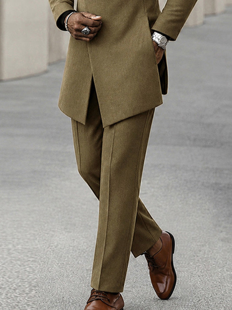 Minimalist Style Diagonal Placket Jacket Set - Brown