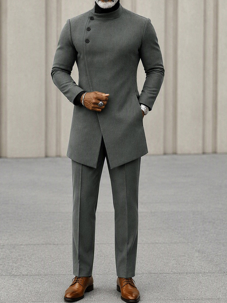Minimalist Style Diagonal Placket Jacket Set - Gray
