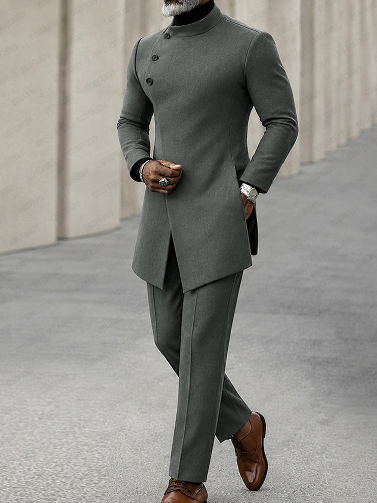 Minimalist Style Diagonal Placket Jacket Set - Gray