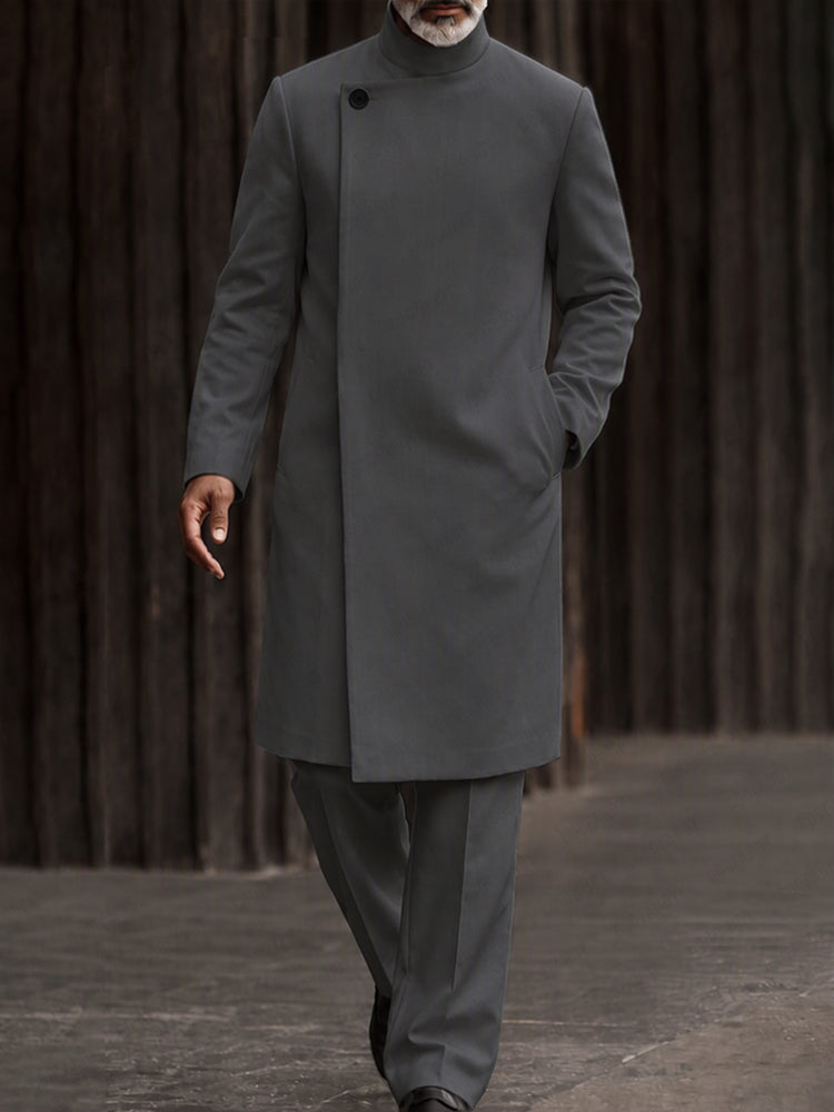 Minimalist Mandarin Collar Long Coat Pants Set - Gray