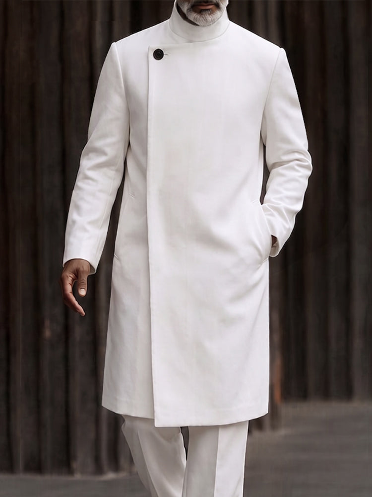 Minimalist Mandarin Collar Long Coat Pants Set - White