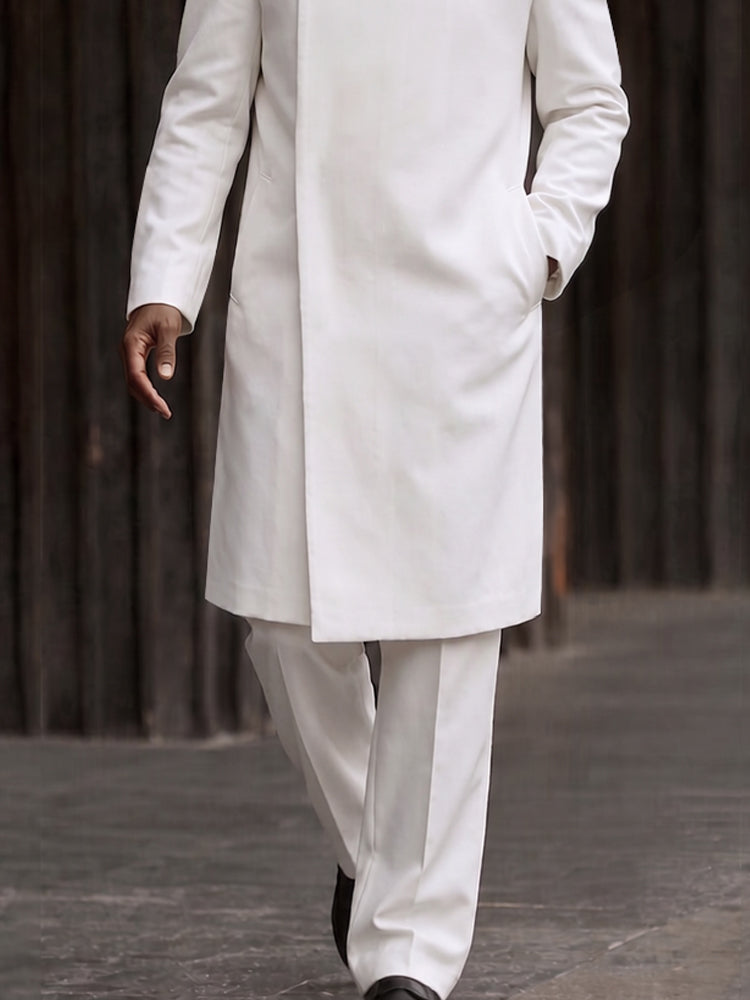 Minimalist Mandarin Collar Long Coat Pants Set - White
