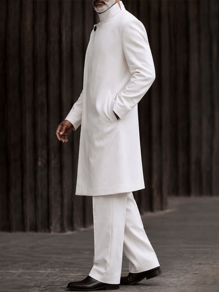 Minimalist Mandarin Collar Long Coat Pants Set - White