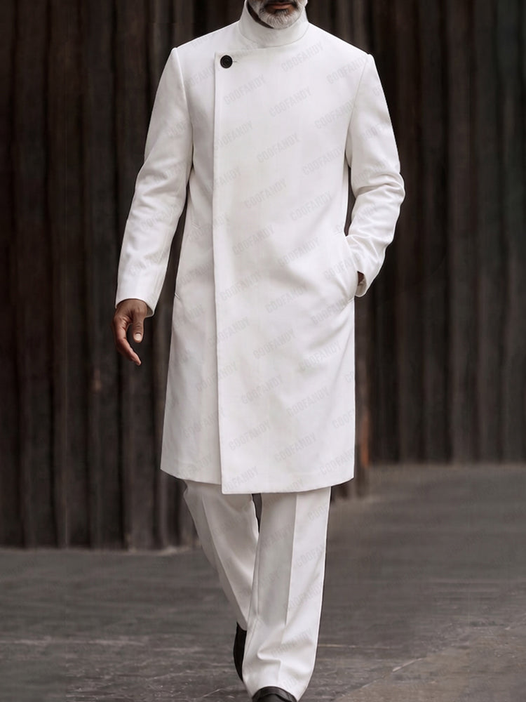 Minimalist Mandarin Collar Long Coat Pants Set - White