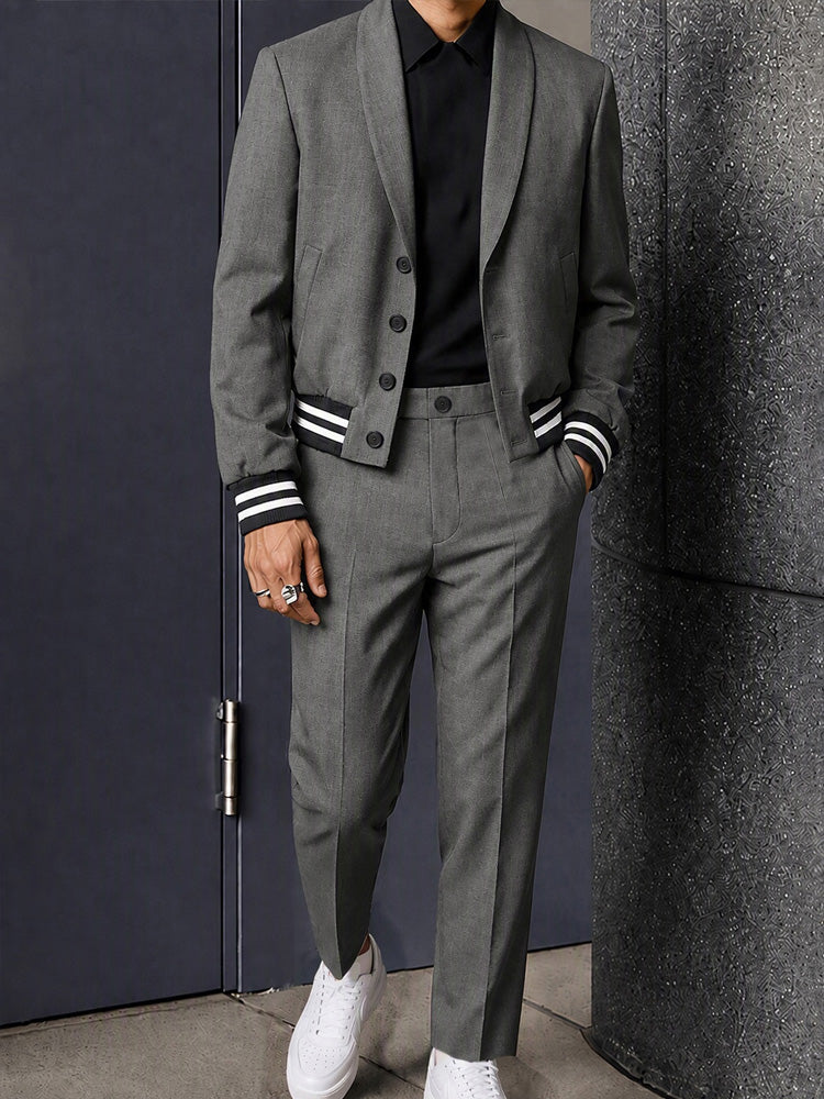 Casual Contrast Stripe Cropped Blazer Suit Set - Gray