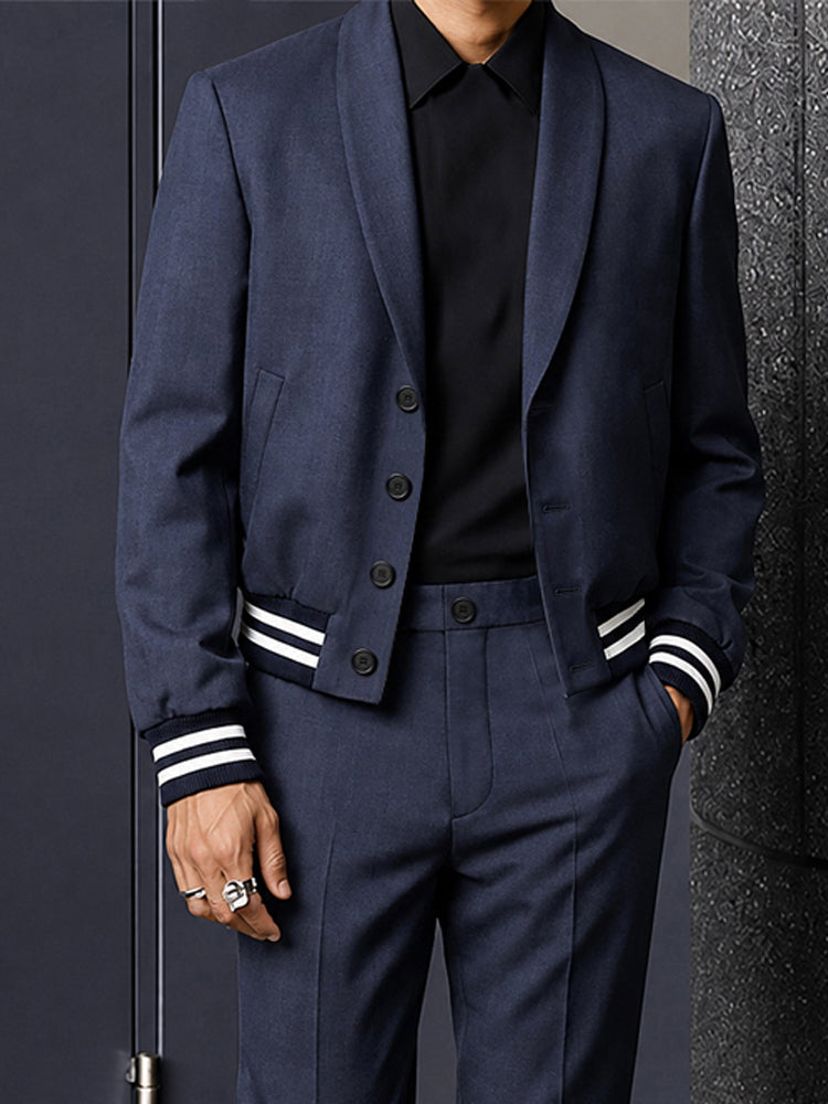 Casual Contrast Stripe Cropped Blazer Suit Set - Navy Blue