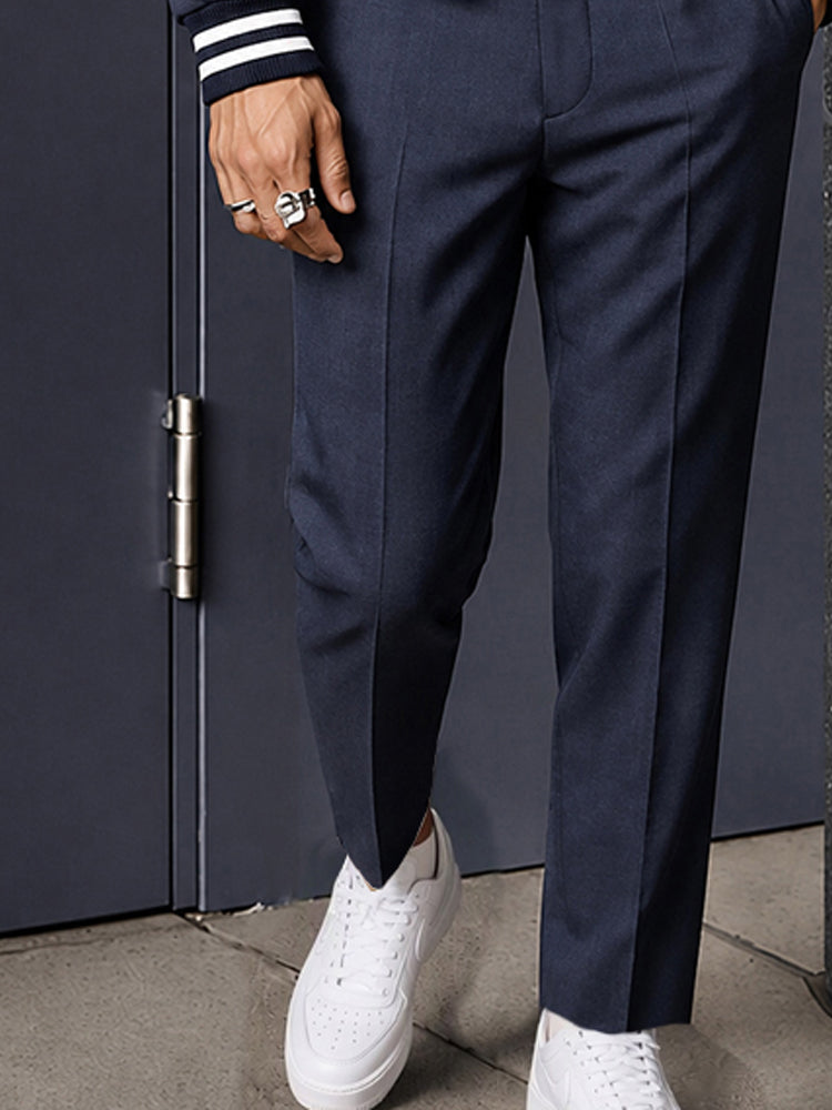 Casual Contrast Stripe Cropped Blazer Suit Set - Navy Blue