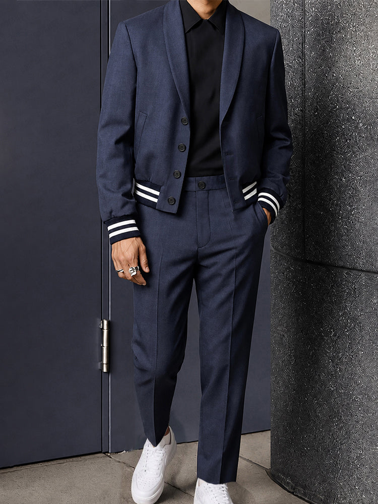 Casual Contrast Stripe Cropped Blazer Suit Set - Navy Blue