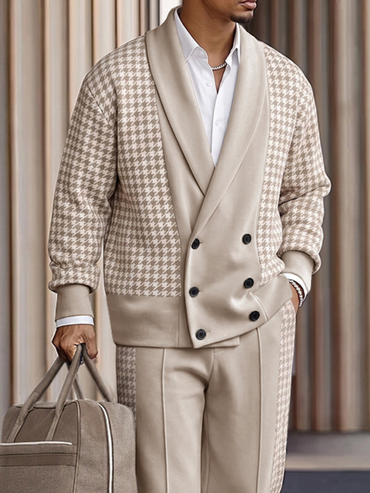 Quiet Luxury Houndstooth Splicing Matching Set - Khaki